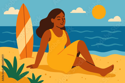 Vector illustration in flat style of a retro poster featuring a beautiful woman sunbathing on the beach