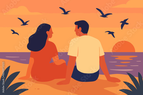 A pair of individuals stroll together on a deserted shoreline as the sun dips below the horizon, set against a backdrop of a kaleidoscope of colors in the sky