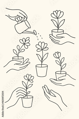 Minimalist line art of hands nurturing potted flowers, symbolizing care, growth, and sustainability — perfect for eco-friendly branding, wellness design, and educational materials