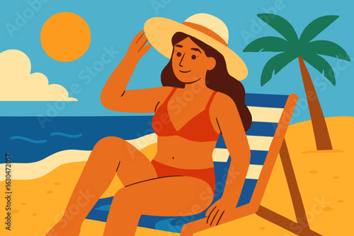 A serene woman holds her straw hat while relaxing in a summer beach setting