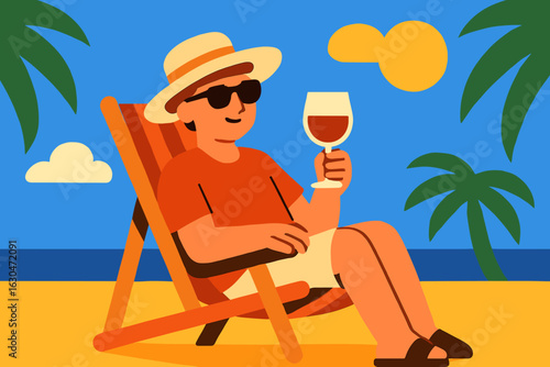 Tropical summer scene of a martini being enjoyed while sunbathing on a beach chair