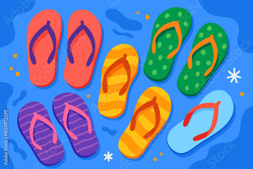 Colorful cartoon sandals and vibrant flip flops float in clear blue pool water, depicting a fun summer beach footwear collection and vacation resort swimwear in a relaxation holiday vector