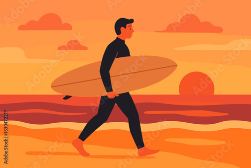 A surfer is silhouetted walking towards the ocean at sunset with an orange sun in the background, ideal for summer sports and travel designs