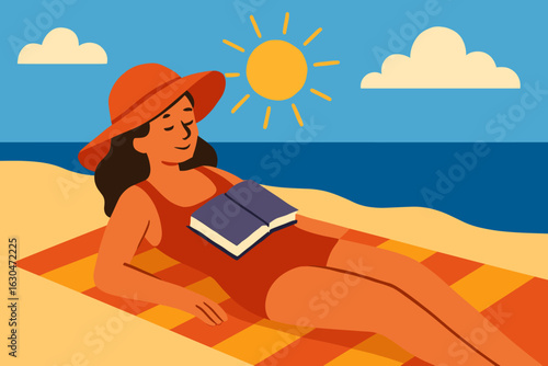 A woman is relaxing on a beach towel by the sea, reading a book and soaking up the summer atmosphere