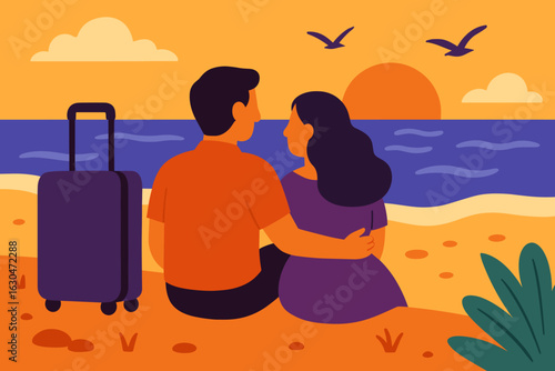 Romantic silhouette of a couple sunbathing together at a beach in California