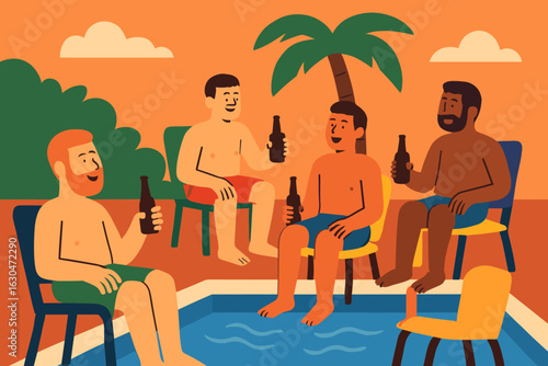 Vector illustration depicting men relaxing isometrically beside a poolside bar during a summer vacation