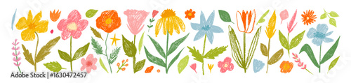 Funky childish crayon drawn flowers, meadow plants and stems. Colorful cute kid illustration.