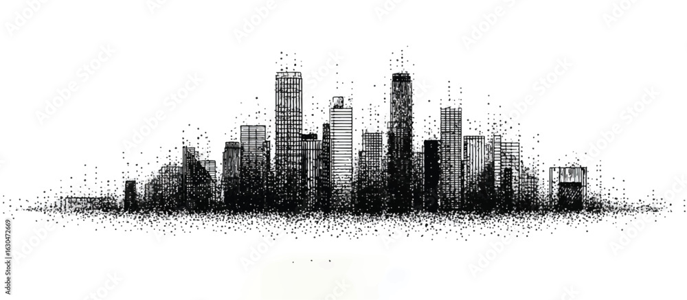 Fototapeta premium Abstract Black and White Cityscape with Geometric Buildings Pixelated Effect Urban Art and Architectural Design Concept