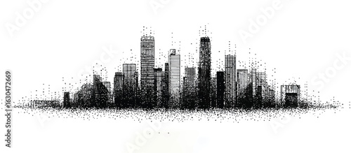 Abstract Black and White Cityscape with Geometric Buildings Pixelated Effect Urban Art and Architectural Design Concept