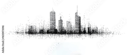 Abstract Cityscape Illustration with Pixelated Texture and High Rise Buildings in Black and White Monochrome Minimalist Design Concept