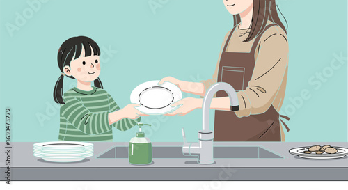 Mother and daughter washing dishes together, clean kitchen scene, teamwork, parent-child bonding, home chore illustration, hygiene education content, happy moment