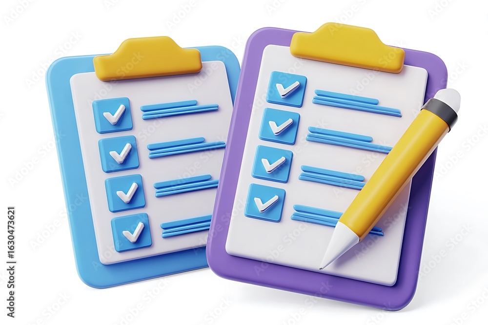 Fototapeta premium Organized Checklist Illustration with Checkmarks and Pencil on Clipboards for Task Management