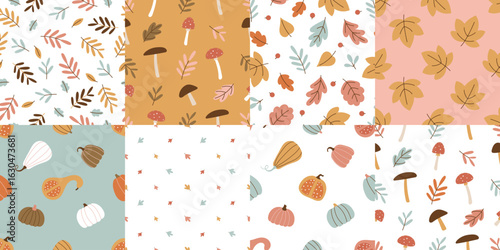Seamless fall patterns with pumpkins mushrooms and leaves