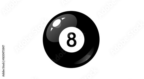 Illustrative Isolated Eight Ball Graphic Featuring Glossy Highlights on White Canvas Backdrop