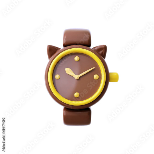 Cute cat-themed watch with a brown band and yellow accents, isolated on a white background.
