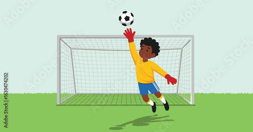 Young goalkeeper making a save, football illustration, athletic child in action, soccer goalpost, sports gear, dynamic movement, youth training, passion