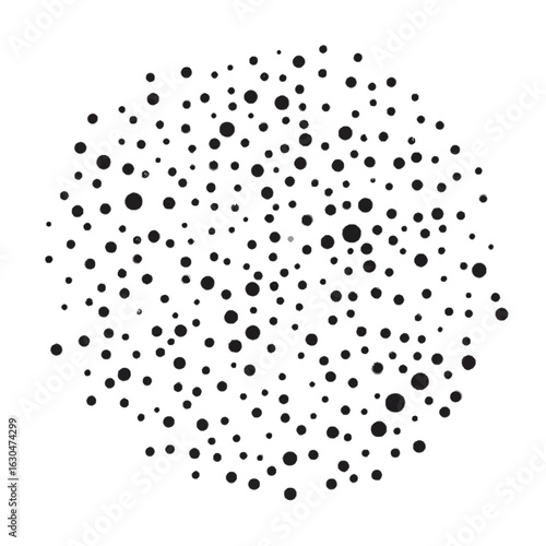 Abstract black dot pattern forming a roughly circular shape, varying in size and density.