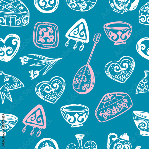 Ethnic Pattern with Traditional Kazakh Elements – Dombyra, Yurt and Ornaments on Blue Background