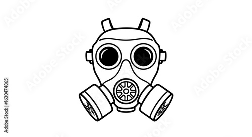 Isolated gas mask illustration, protective equipment for hazardous environments and viral contamination, detailed outline, minimal lines and
