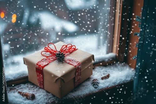 Photo of christmas gift box with ribbon and pinecone in snow