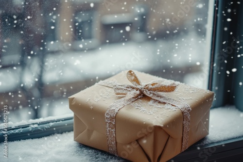 Photo of christmas gift box with snow falling outside window
