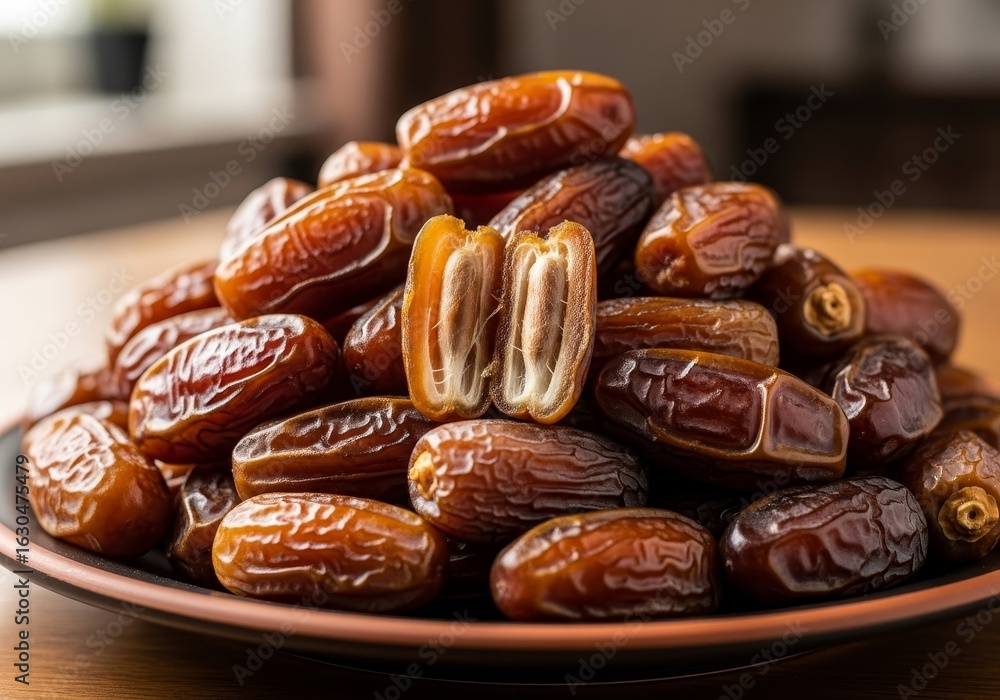 Obraz premium Sweet Dates on Dark Plate - A close-up shot of a pile of sweet dates on a dark brown plate. The dates are plump and brown, some are split open revealing their soft interior