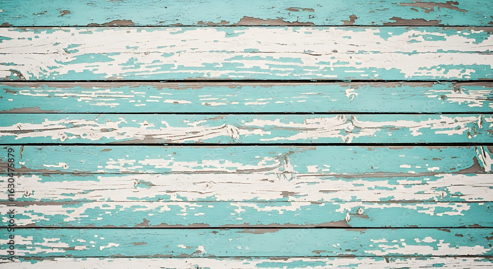 Obraz premium Distressed aqua and white wooden planks background showing peeling paint texture old fence surface
