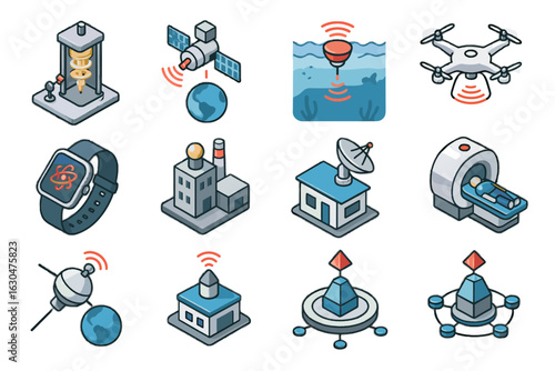 Industrial icon sensing quantum setup vector medical sensor airborne laboratory wearable