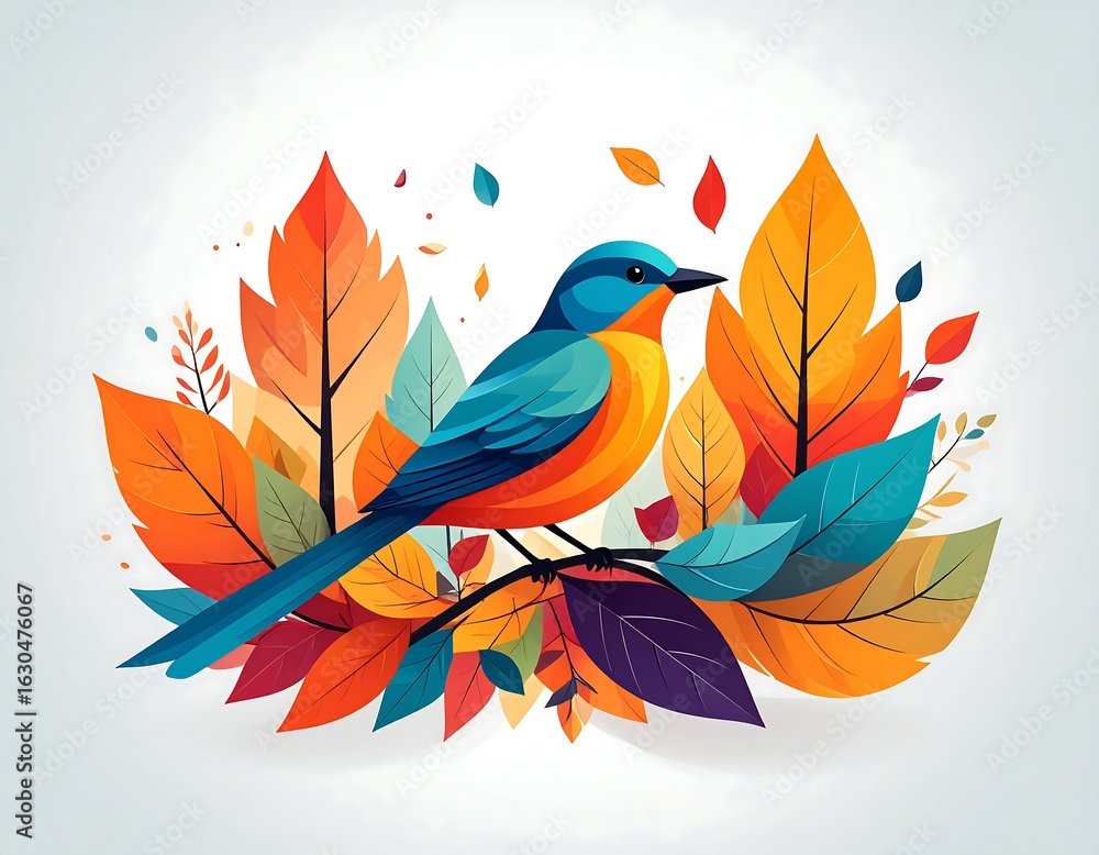 Fototapeta premium Colorful bird surrounded by autumn leaves