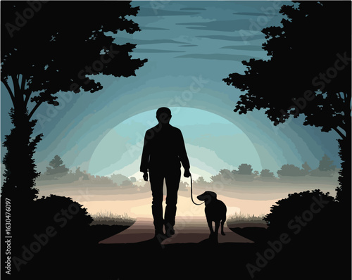 Person Walking Dog at Sunrise