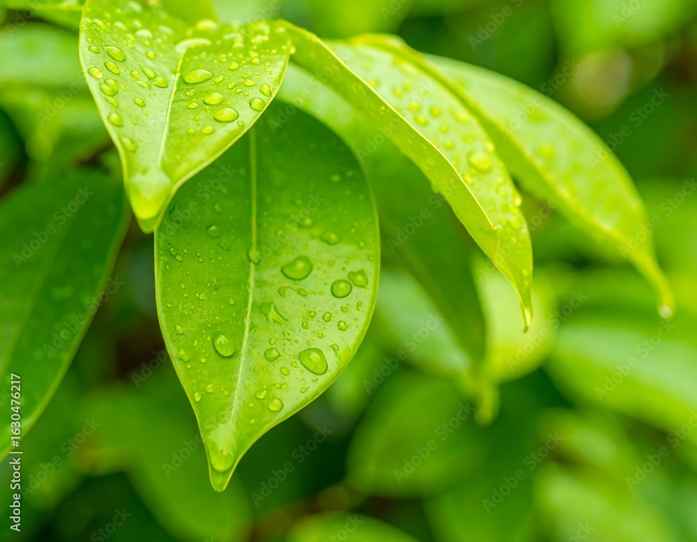 Fototapeta premium Close-up of vibrant green leaves covered in water droplets