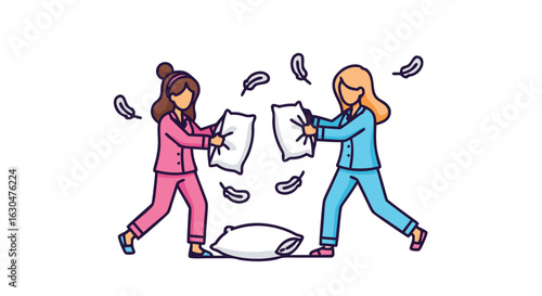 Animated depiction of two young women having a playful pillow fight in their pajamas filled with playful feathers