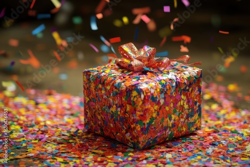 Photo of colorful gift box with confetti for celebration