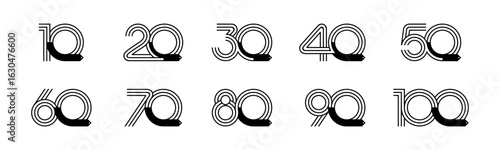 Set of collection numbers 10 to 100 with price tag vector illustration. Price tag with numbers 10, 20, 30, 40, 50, 60, 70, 80, 90, 100 for promo, discounts and more.