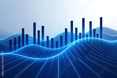 Abstract glowing blue digital landscape with rising bar graph data visualization and grid lines