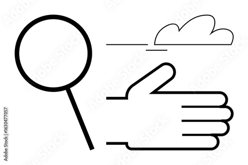 Minimalist hand silhouette beside a magnifying glass and cloud outline, representing exploration, observation, and insights. Ideal for search, discovery, learning, creativity, analysis vision