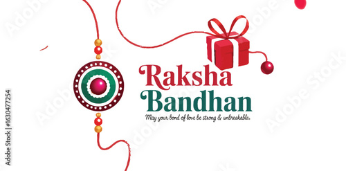 Raksha Bandhan greeting card with circular rakhi, red gift box, and heartfelt gold message celebrating strong sibling bonds and tradition