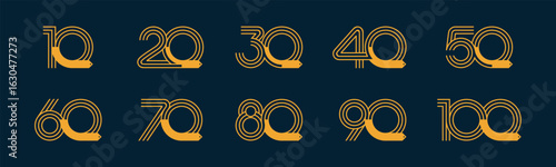 Set of collection numbers 10 to 100 with price tag vector illustration. Price tag with numbers 10, 20, 30, 40, 50, 60, 70, 80, 90, 100 for promo, discounts and more.