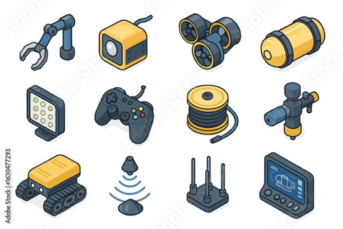 Remote joystick controller sensor buoyancy manipulator panel waterproof vector icon underwater robot