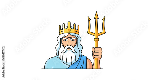 Imposing Illustration of a Mythical Sea King Holding a Golden Trident Against a Clear White Backdrop