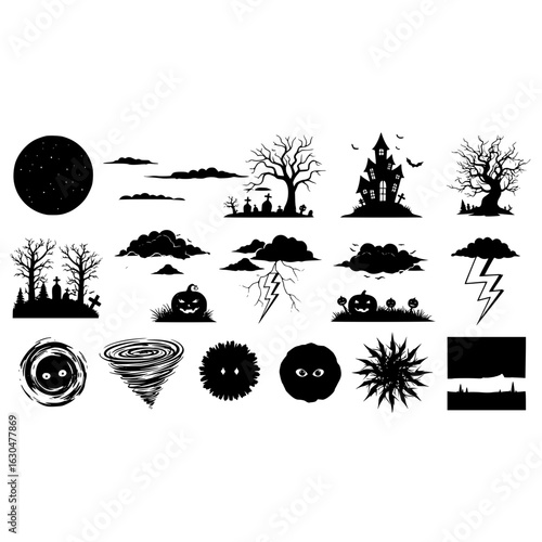 Halloween silhouette vector spooky night scene with haunted house graveyard pumpkins trees and moon elements design