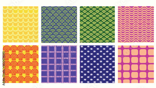 Vibrant seamless geometric pattern collection with waves, dots, lattice, and grid designs in colorful retro style, perfect for textiles, wallpapers, digital backgrounds, wrapping paper, and creative p