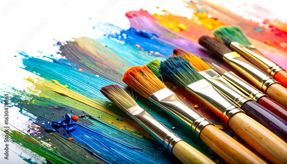 Fototapeta premium Colorful paint strokes and paintbrushes arranged on a white background