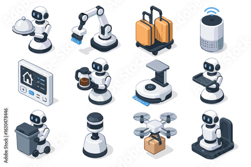 Robot charging butler item serving icon collection dispenser floor navigation vector sweeping