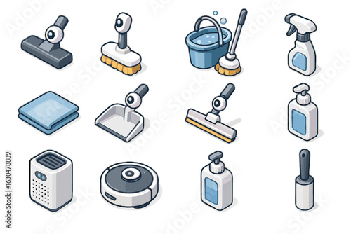 Cleaning dustpan icon butler scrub bottle microfiber purifier air vector robot bucket