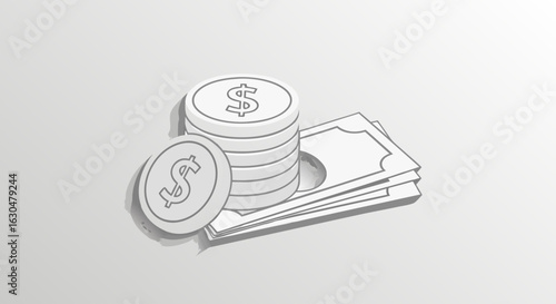 Stylized Monochrome Illustration of Currency and Banknotes on a Neutral Background Representing Finance and Economy