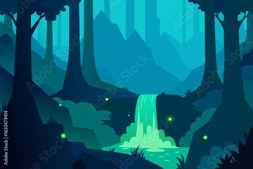 Enchanted forest with a waterfall and glowing fireflies at night