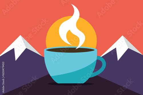 Hot coffee cup with steam in a mountainous landscape at sunset