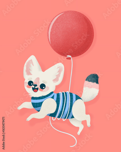 A playful puppy floats through the air, suspended by a vibrant red balloon. Its cute demeanor and lively energy create a heartwarming spectacle full of delight.