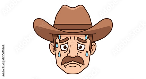 Cartoon Cowboy Character Experiencing Intense Discomfort with a Sweaty Forehead and Worried Expression Displaying Disappointment and Frustration